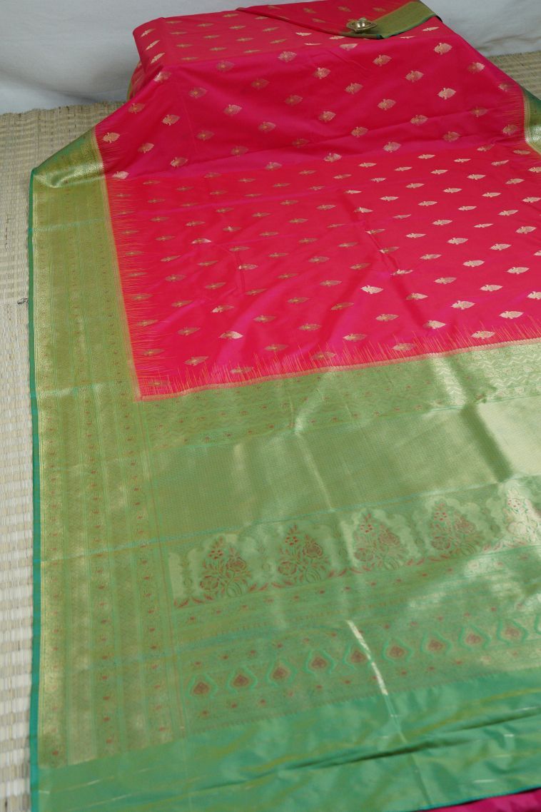 Red Soft Silk Saree with Gold Zari Buttis (Small Dots or Motifs) view 3