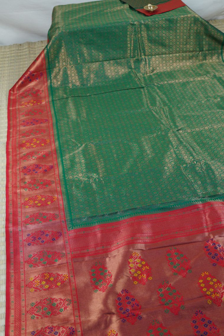Green Soft Silk Saree with Gold Zari Geometric Shapes view 3