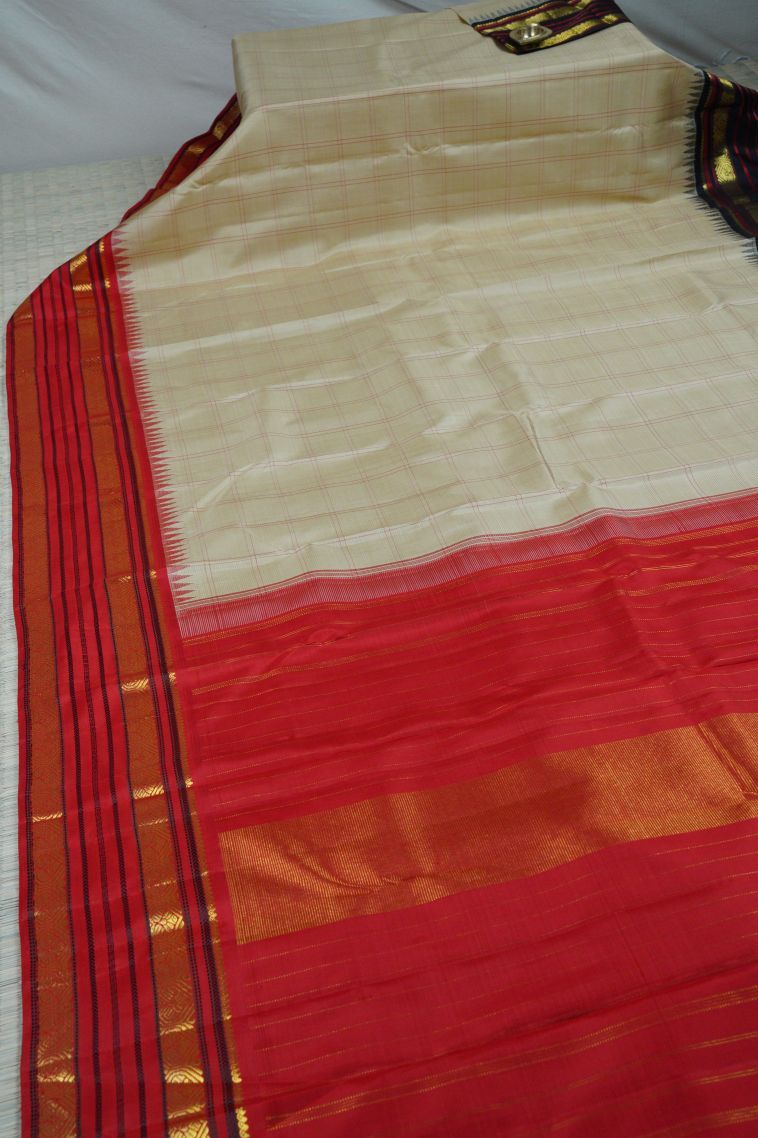 Cream Kanchivaram Saree with Gold Zari Checks view 3