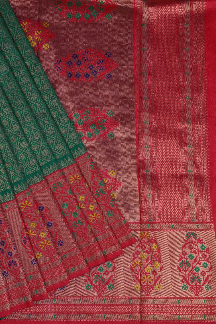 Green Soft Silk Saree with Gold Zari Geometric Shapes view 1