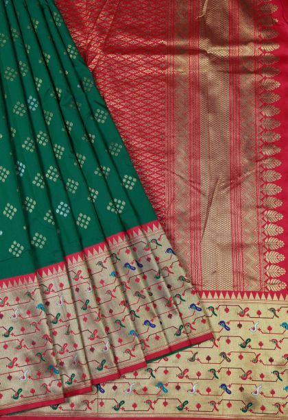 Bottle Green Soft Silk Saree with Gold Zari Buttis (Small Dots or Motifs)