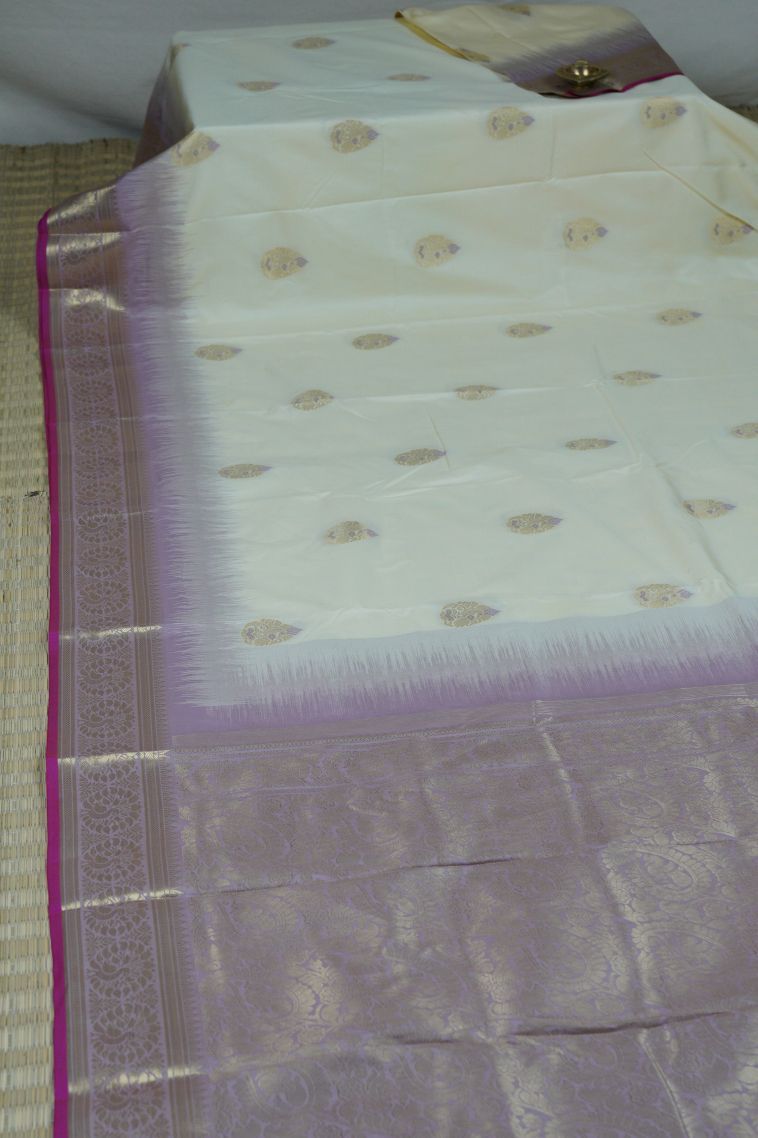 Cream Soft Silk Saree with Gold Zari Buttis (Small Dots or Motifs) view 3