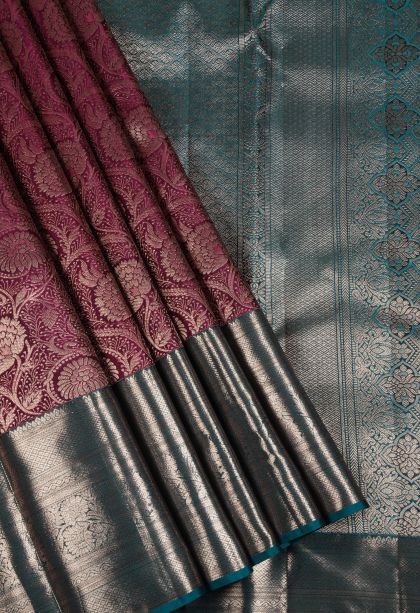 Wine Red Kanchivaram Saree with Copper Zari Floral Patterns