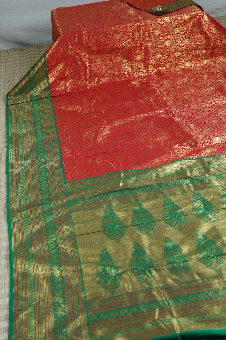 Red Soft Silk Saree with Gold Zari Floral Patterns view 3