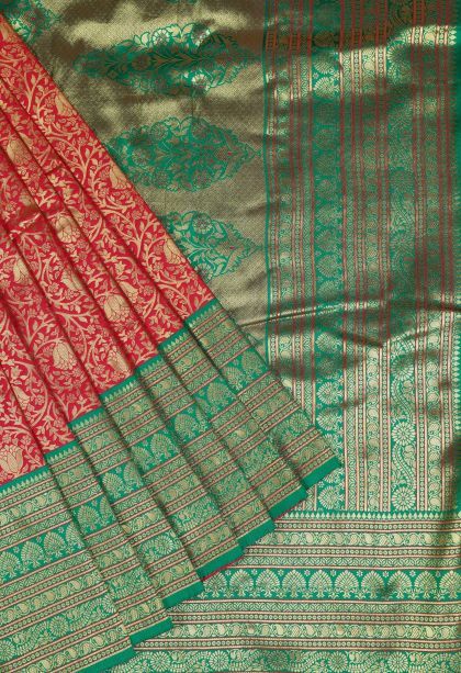 Red Soft Silk Saree with Gold Zari Floral Patterns