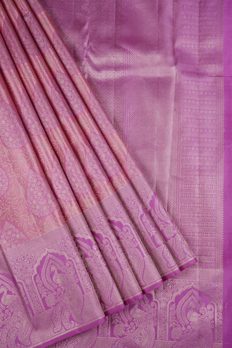 Pink Kanchipuram Silk Sarees with Gold Zari Floral Patterns view 1