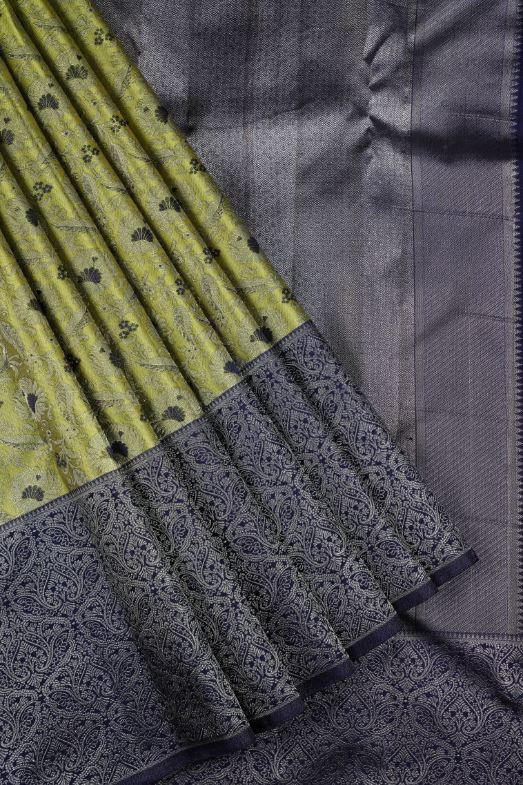 Green Kanchipuram Silk Sarees with Gold Zari Floral Patterns view 1