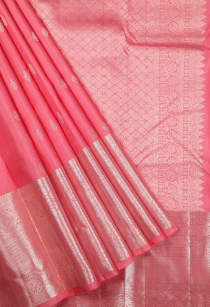 Pink Kanchipuram Silk Sarees with Silver Zari Buttis (small Dots Or Motifs)