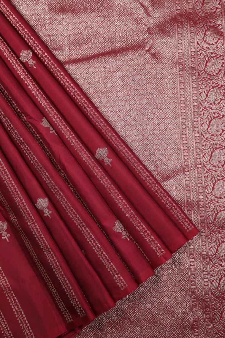 Red Kanchipuram Silk Sarees with Silver Zari Stripes view 1