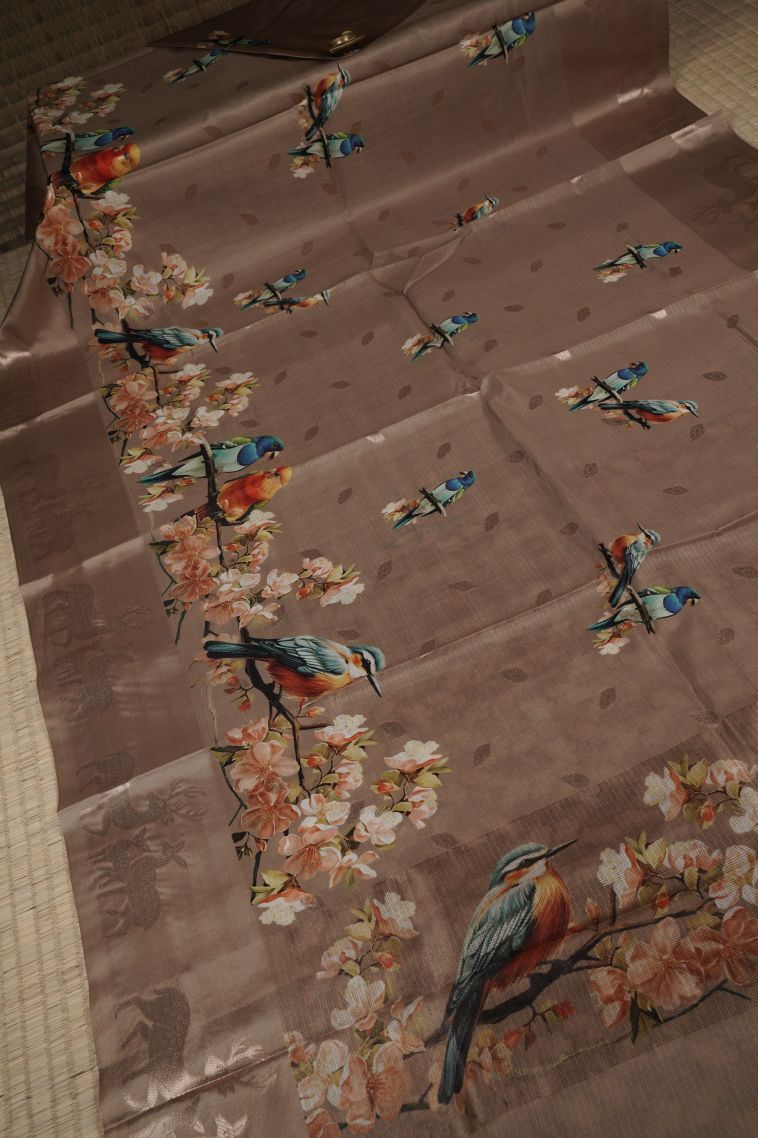 Brown Tussar Silk Saree with Without Zari Zari Floral Patterns view 2