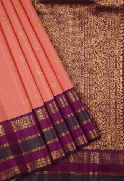 Pink Kanchipuram Silk Sarees with Gold Zari Buttis (small Dots Or Motifs)