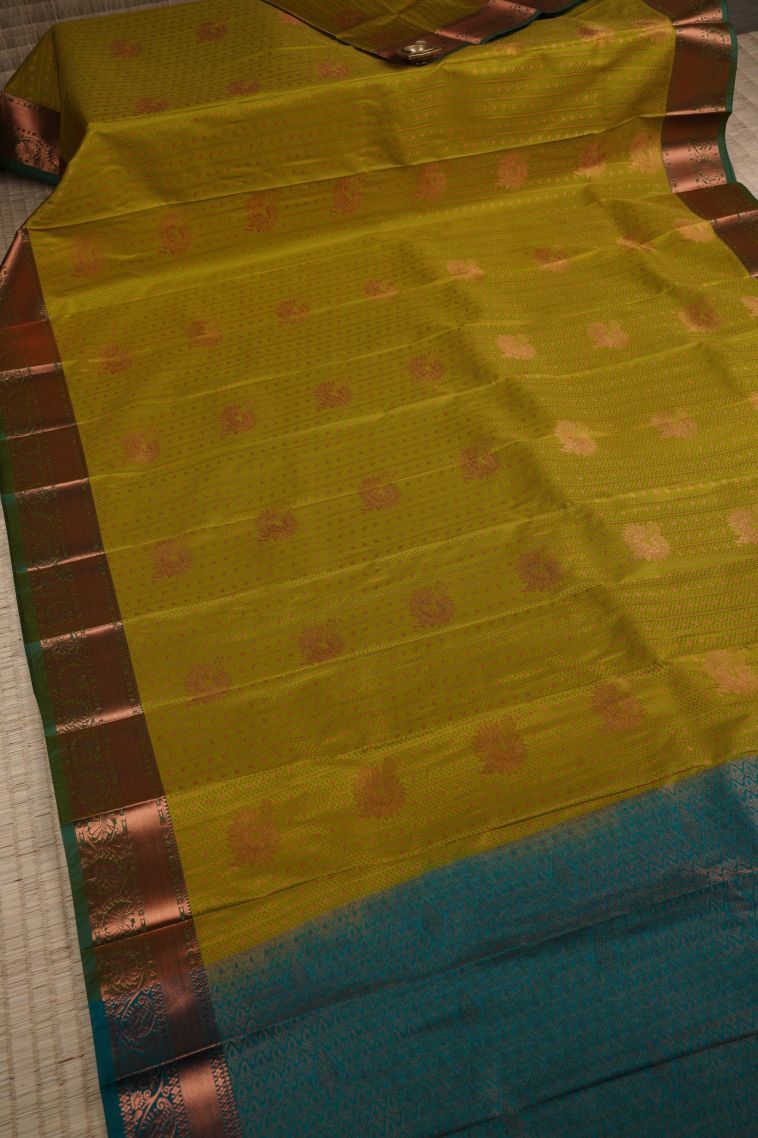 Yellow Visiri Madippu Silk Sarees with Copper Zari Buttis (small Dots Or Motifs) view 2