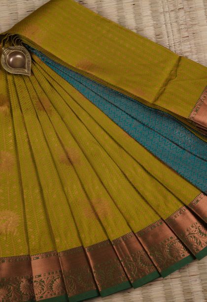 Yellow Visiri Madippu Silk Sarees with Copper Zari Buttis (small Dots Or Motifs)