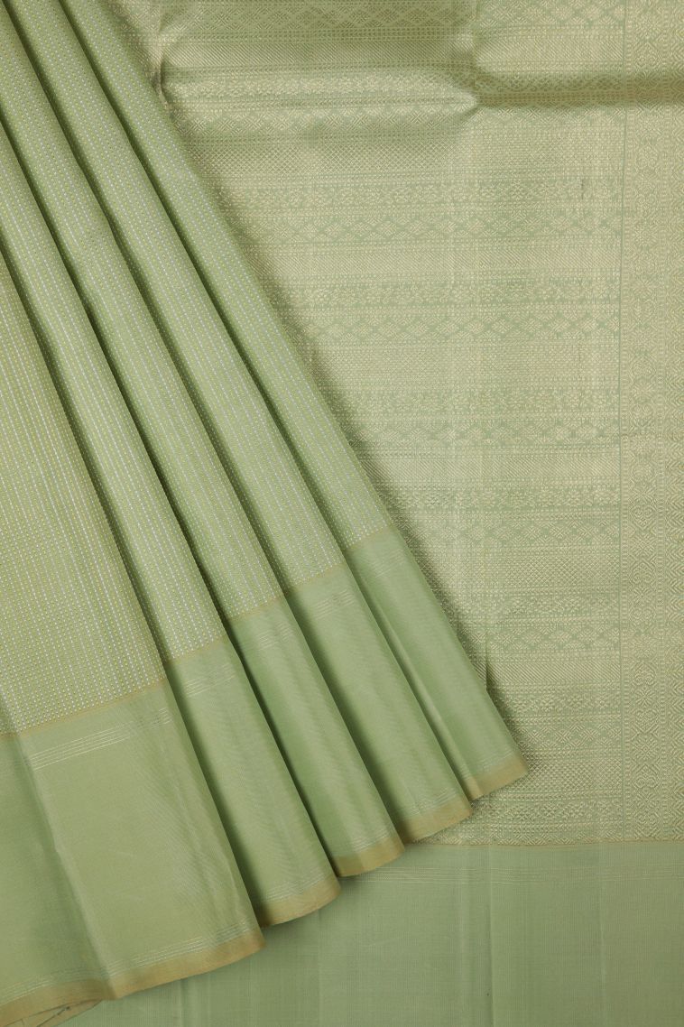 Green Kanchipuram Silk Sarees with Gold And Silver Zari Stripes view 1