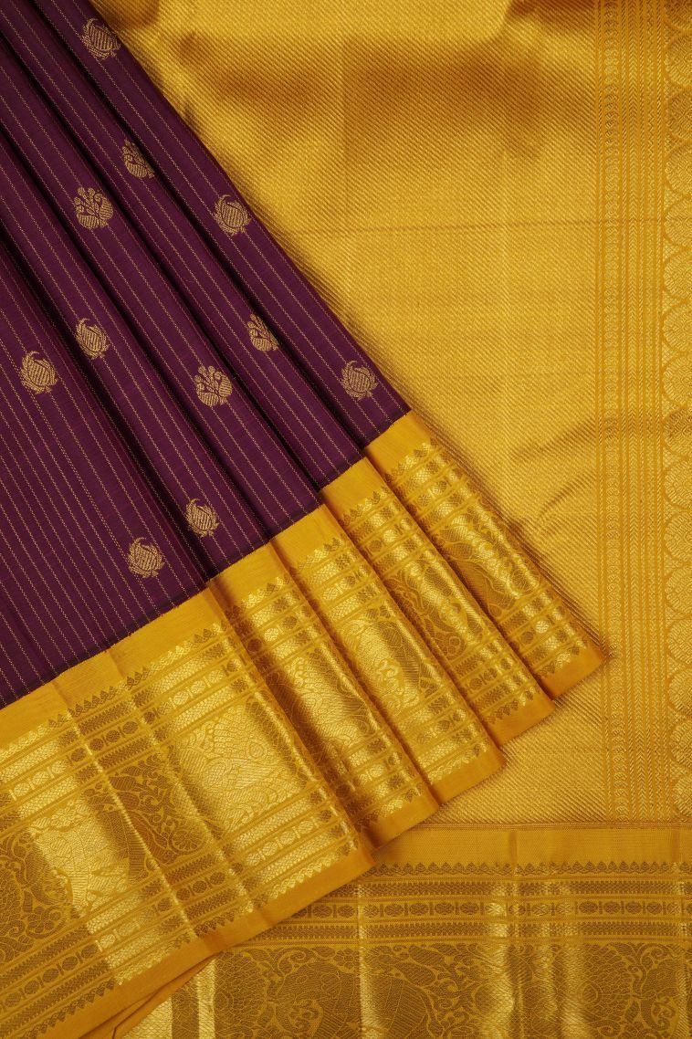 Purple Kanchipuram Silk Sarees with Gold Zari Stripes view 1