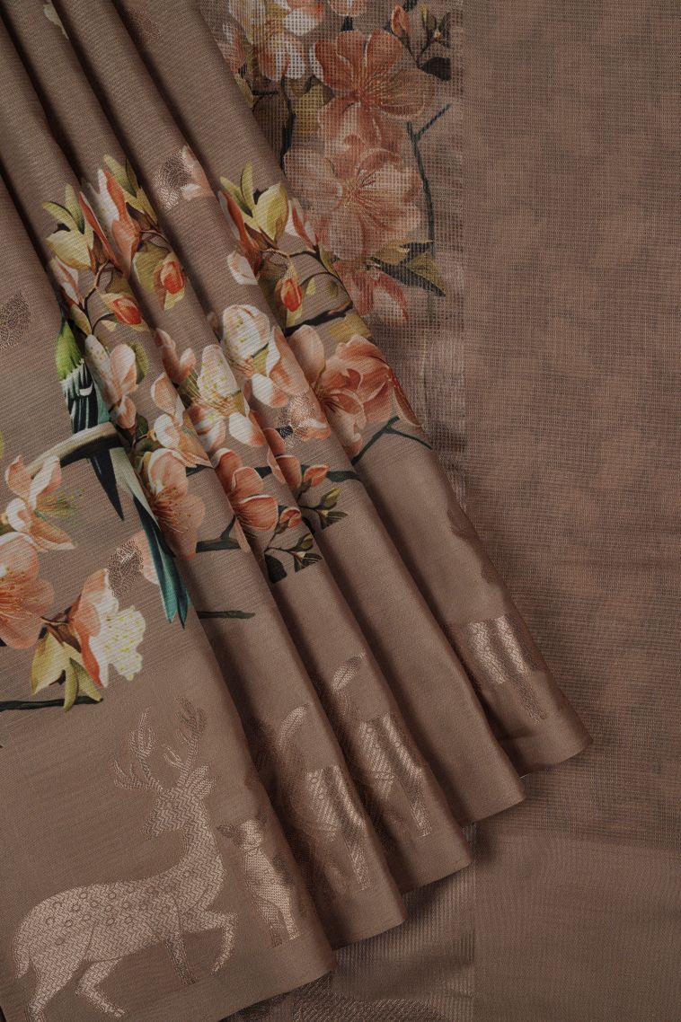 Brown Tussar Silk Saree with Without Zari Zari Floral Patterns view 1