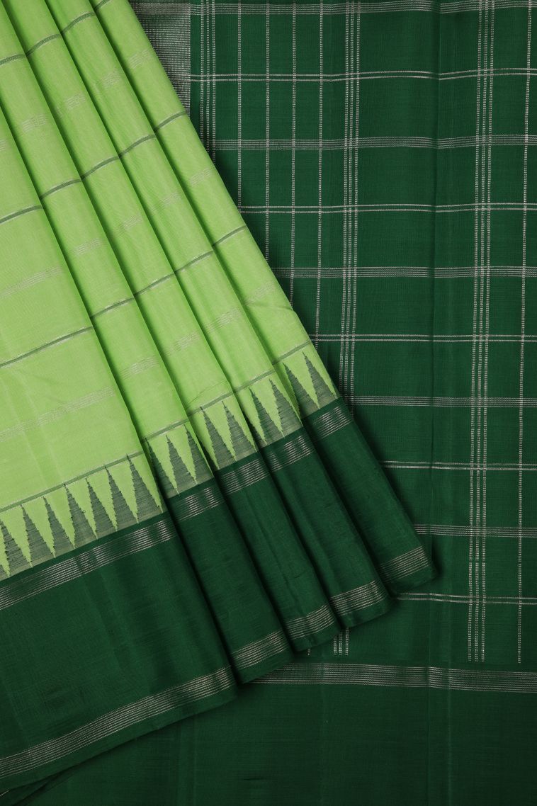 Green Kanchipuram Silk Sarees with Silver Zari Stripes view 1