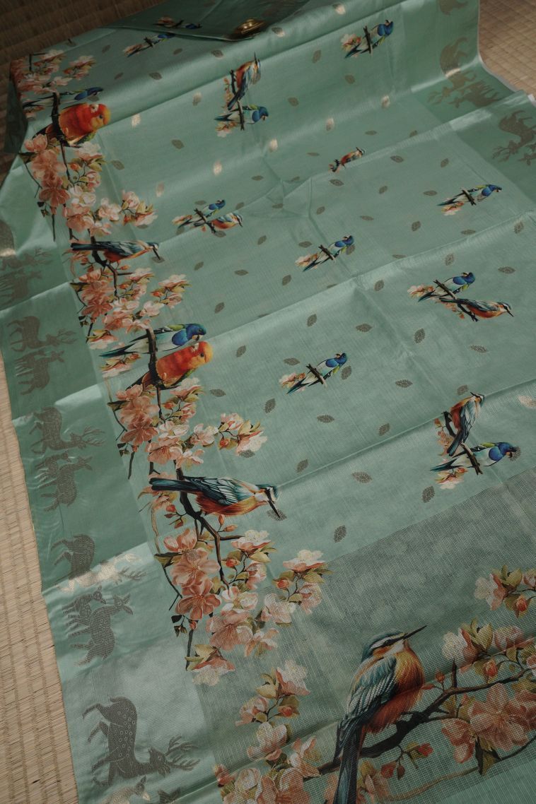 Green Tussar Silk Saree with Without Zari Zari Floral Patterns view 2