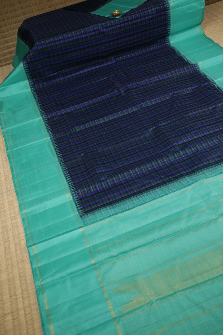 Blue Kanchipuram Silk Sarees with Without Zari Zari Checks view 2