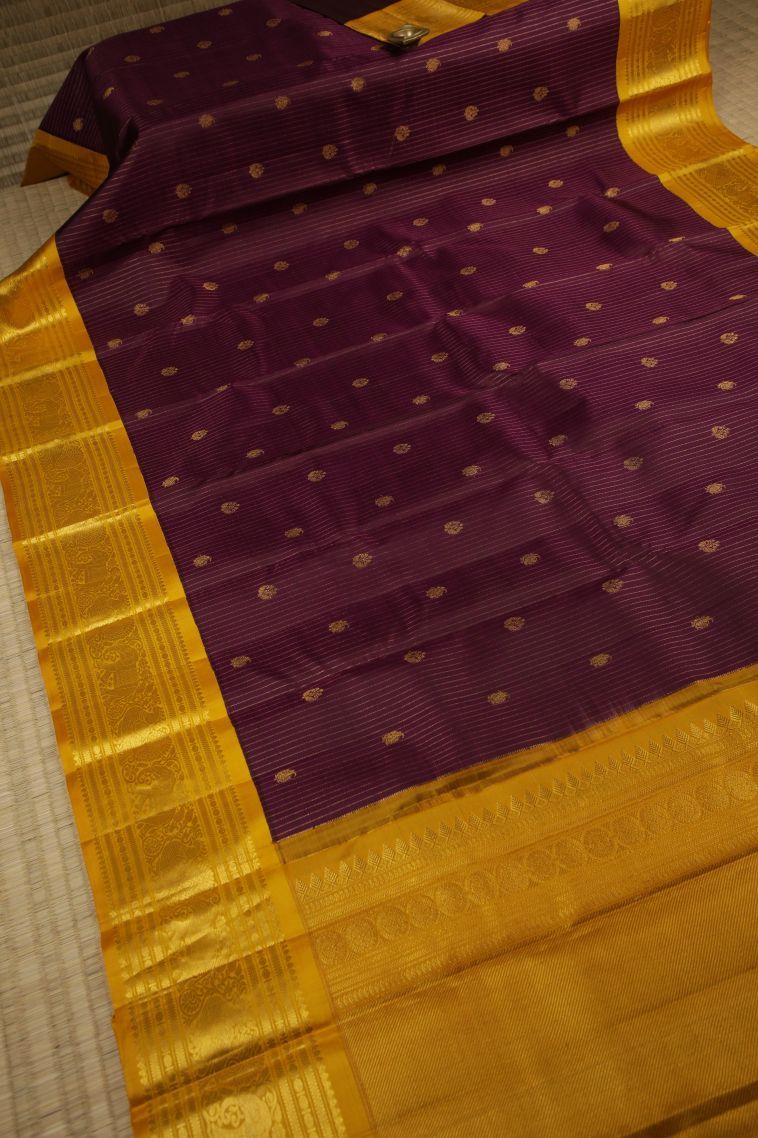 Purple Kanchipuram Silk Sarees with Gold Zari Stripes view 2