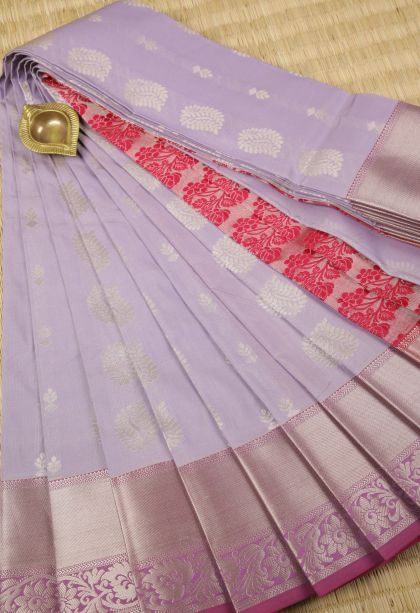 Purple Visiri Madippu Silk Sarees with Silver Zari Buttis (small Dots Or Motifs)