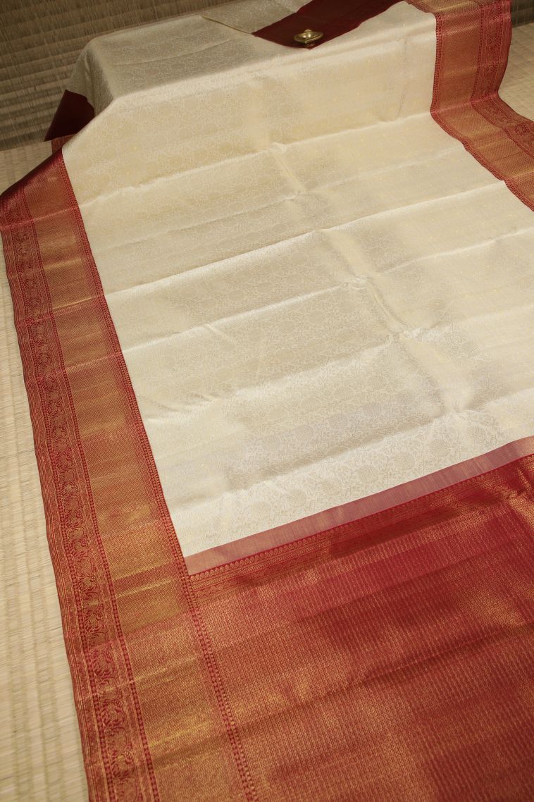 White Kanchipuram Silk Sarees with Gold Zari Floral Patterns view 2