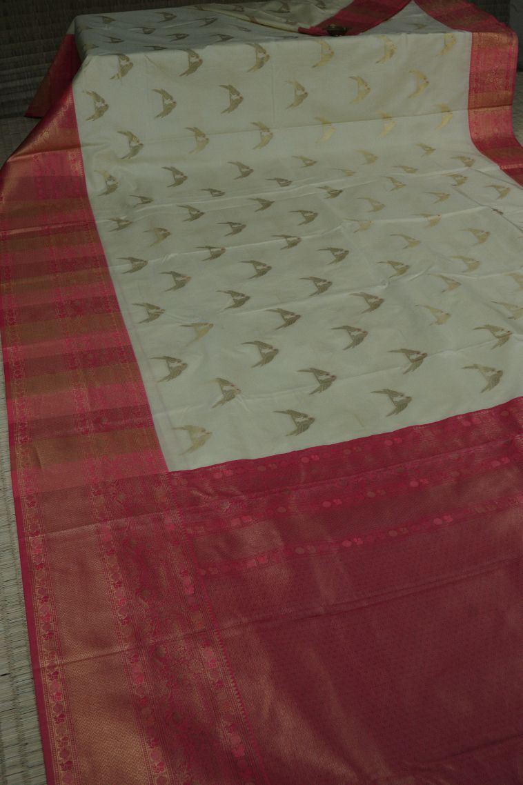 White Soft Silk Saree with Gold Zari Buttis (small Dots Or Motifs) view 2