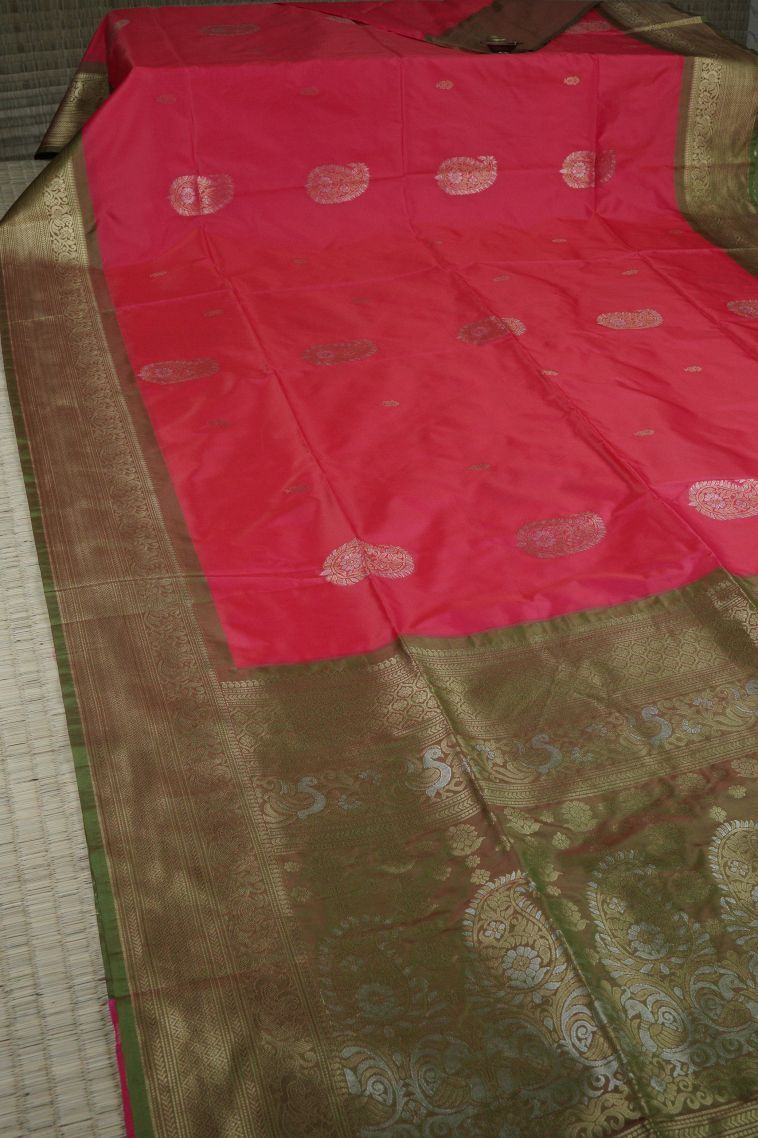 Pink Soft Silk Saree with Gold Zari Buttis (small Dots Or Motifs) view 2