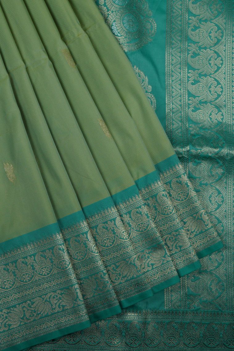 Green Soft Silk Saree with Gold Zari Buttis (small Dots Or Motifs) view 1