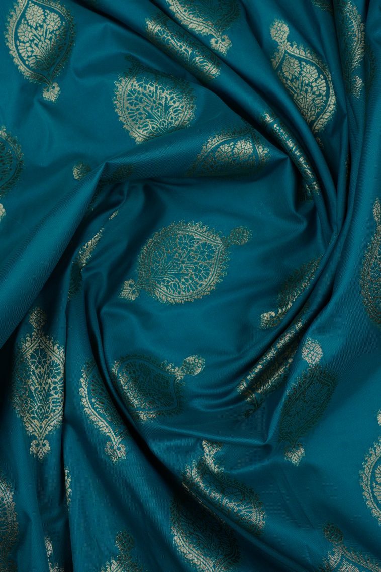Blue Soft Silk Saree with Gold Zari Buttis (small Dots Or Motifs) view 4