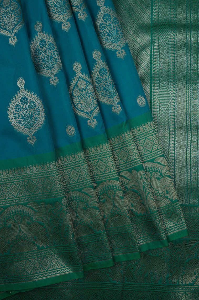 Blue Soft Silk Saree with Gold Zari Buttis (small Dots Or Motifs) view 1