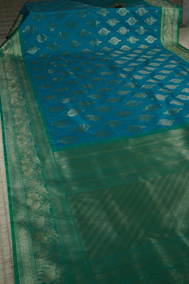 Blue Soft Silk Saree with Gold Zari Buttis (small Dots Or Motifs) view 2