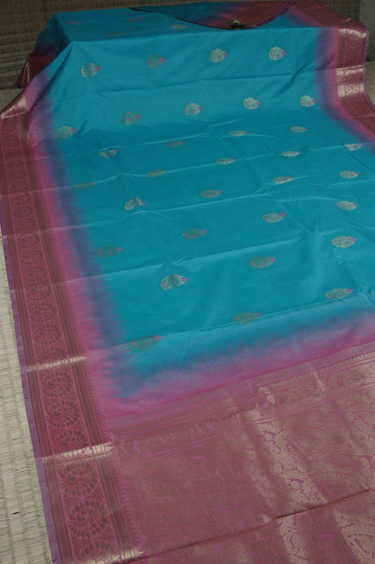 Blue Soft Silk Saree with Gold Zari Buttis (small Dots Or Motifs) view 2