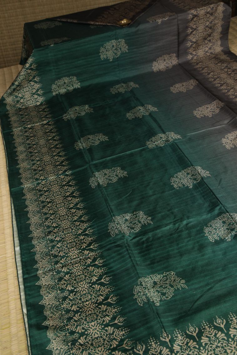 Bottle Green Tussar Saree with Without Zari Zari Floral Patterns view 2