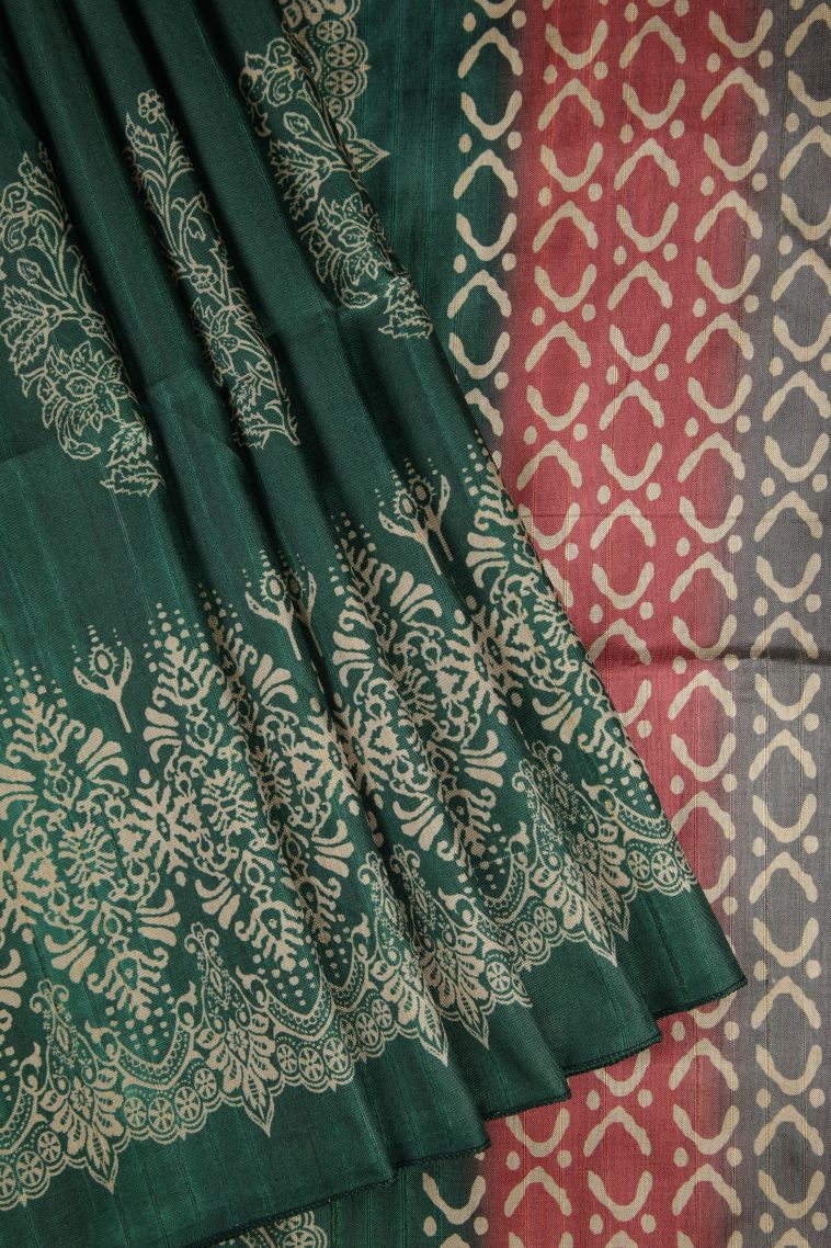 Bottle Green Tussar Saree with Without Zari Zari Floral Patterns view 1