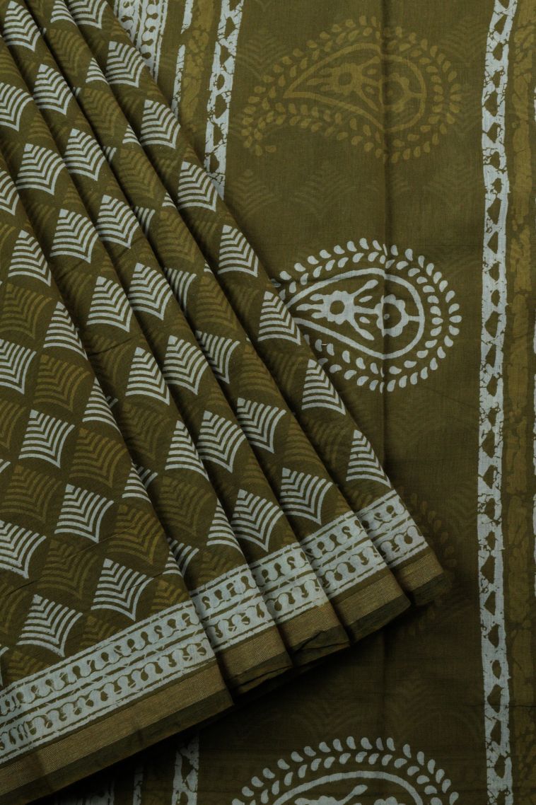 Olive Green Chanderi Cotton Sarees with Without Zari Zari Floral Patterns view 1