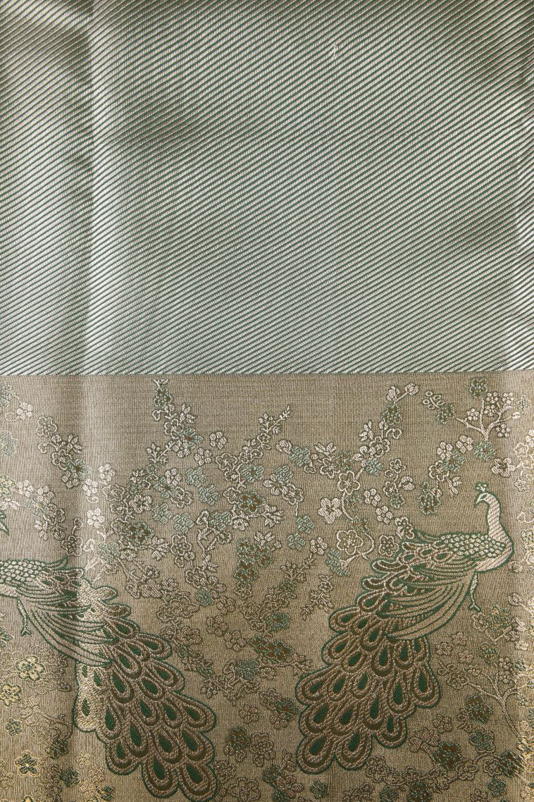 Cookie Yellow Tissue Silk Sarees with Silver Zari Peacock Motifs view 3