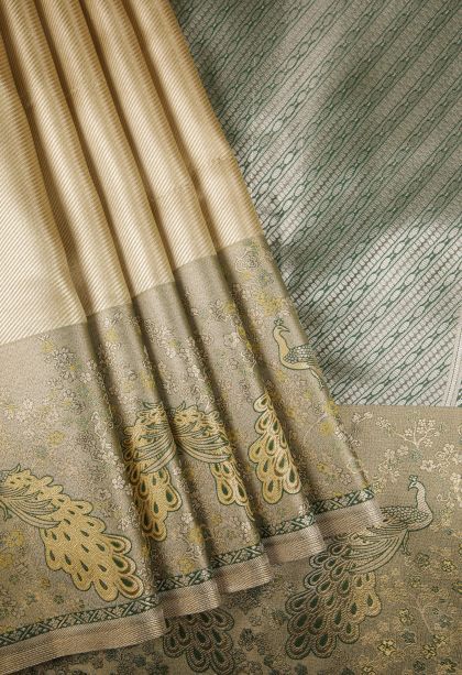 Cookie Yellow Tissue Silk Sarees with Silver Zari Peacock Motifs