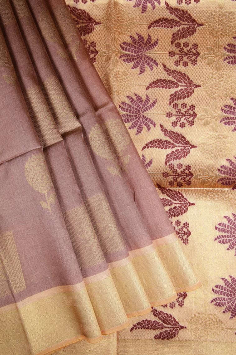 Tan Pink Tussar Saree with Gold Zari Buttis (small Dots Or Motifs) view 1