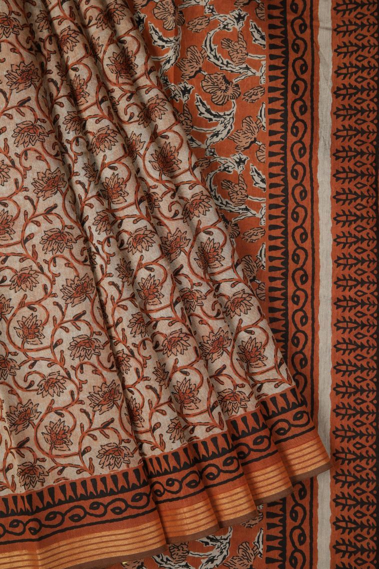 Coconut White Chanderi Cotton Sarees with Without Zari Zari Floral Patterns view 1