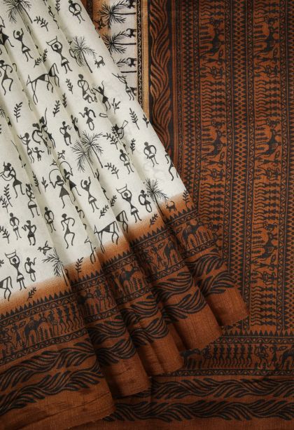 Cotton White Tussar Saree with Without Zari Zari Floral Patterns