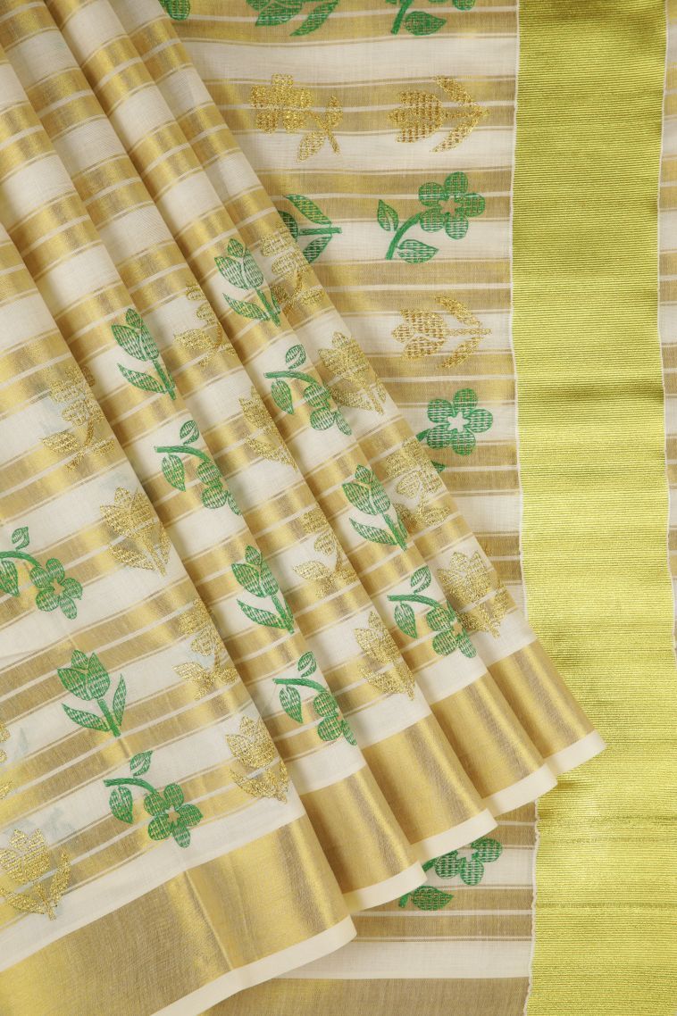 Cream White Silk Cotton with Gold Zari Buttis (small Dots Or Motifs) view 1