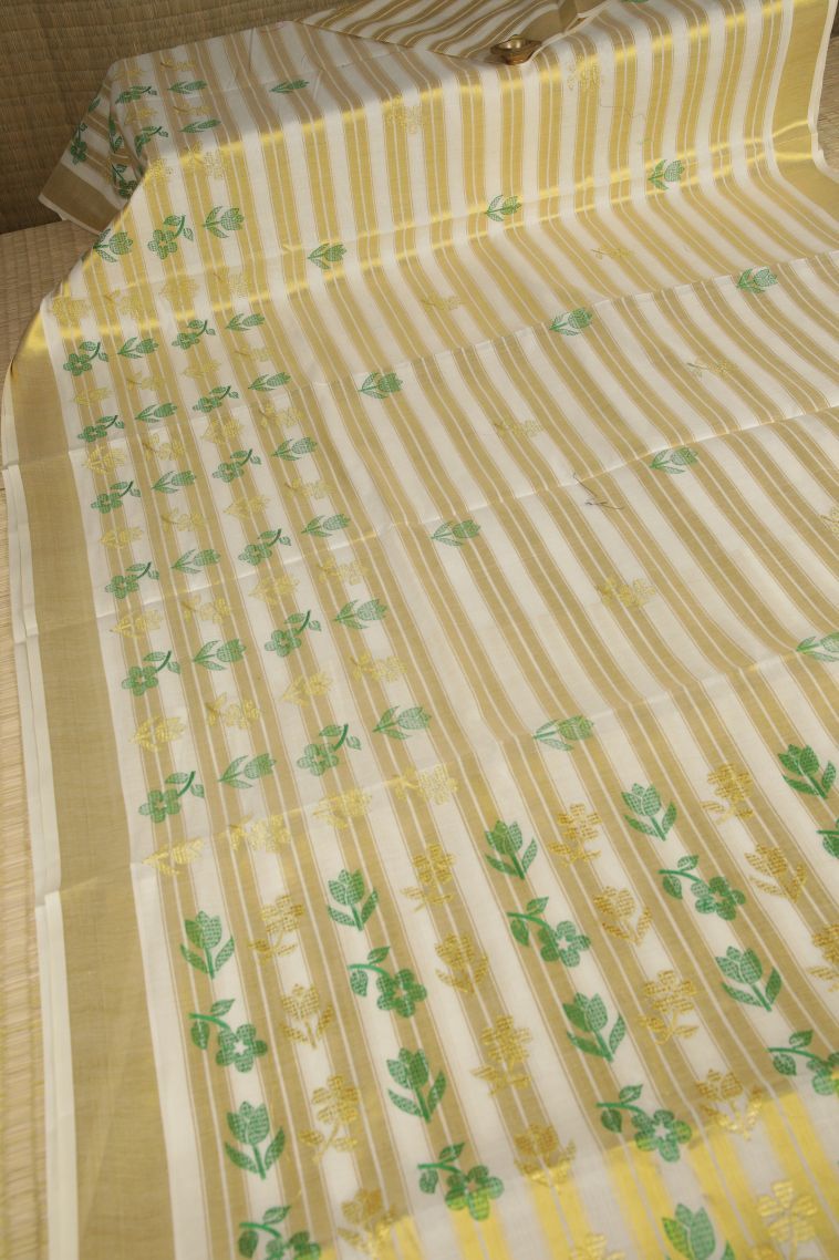 Cream White Silk Cotton with Gold Zari Buttis (small Dots Or Motifs) view 2