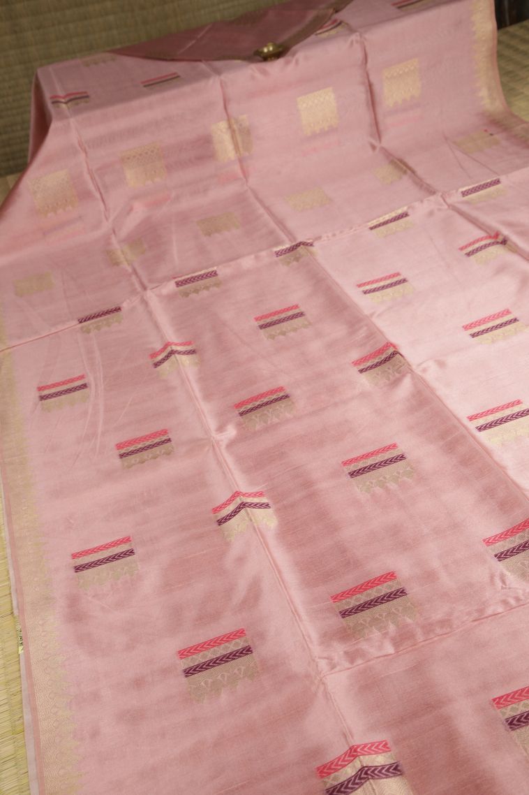 Crepe Pink Tussar Saree with Gold Zari Buttis (small Dots Or Motifs) view 2