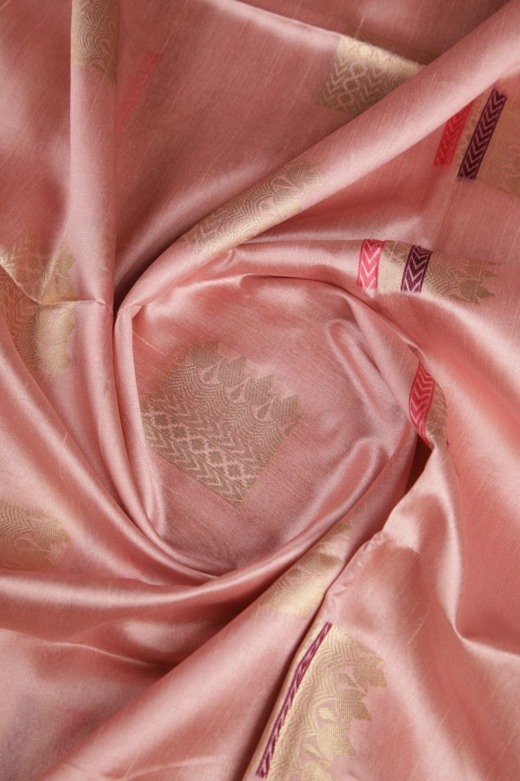 Crepe Pink Tussar Saree with Gold Zari Buttis (small Dots Or Motifs) view 4