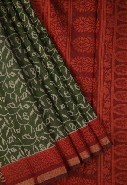 Moccon Green Chanderi Cotton Sarees with Without Zari Zari Geometric Shapes