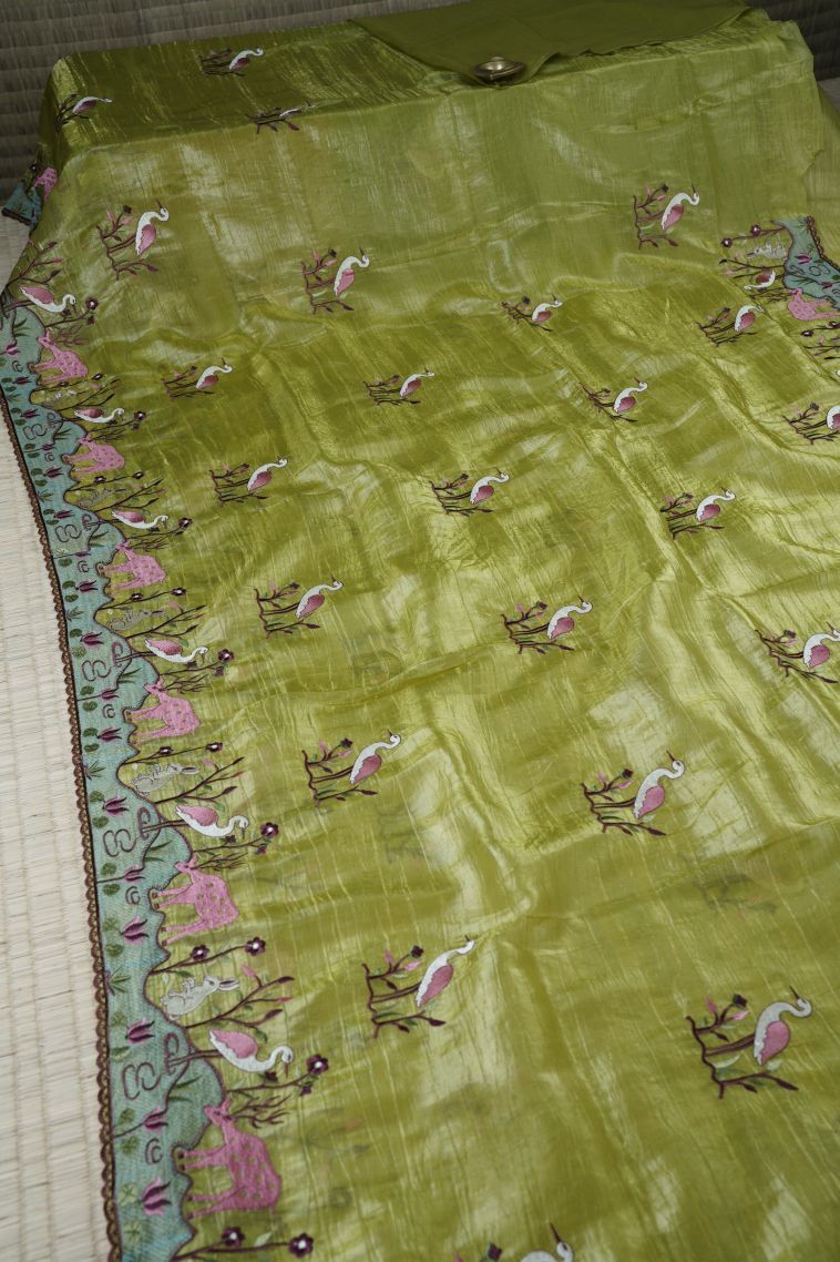 Moccon Green Tussar Saree with Without Zari Zari Buttis (small Dots Or Motifs) view 2