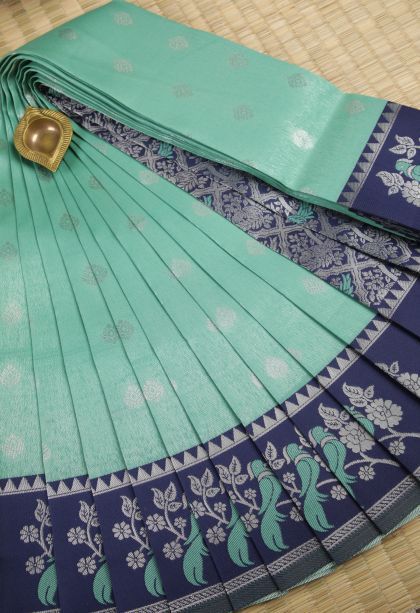 Sky Blue Visiri Madippu Silk Sarees with Silver Zari Buttis (small Dots Or Motifs)