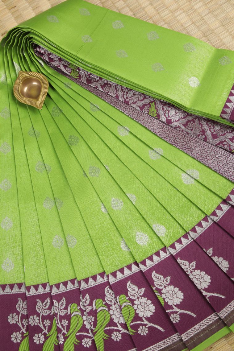 Chartreuse Green Visiri Madippu Silk Sarees with Silver Zari Buttis (small Dots Or Motifs) view 1