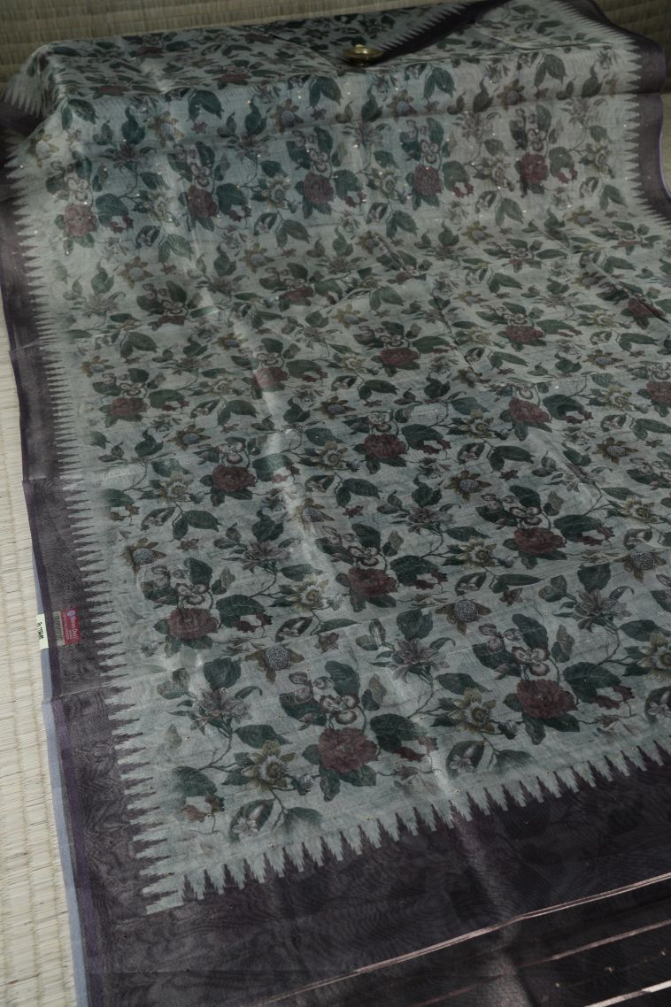 Sage Green Organza Saree with Without Zari Zari Floral Patterns view 2